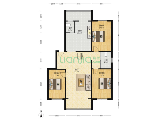 五星小区 3室1厅2卫 135平方
