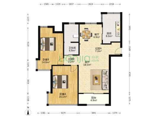 江景花园 2室2厅1卫 94平方