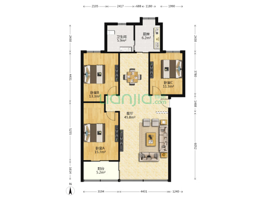 福山花园 3室1厅1卫 128平方