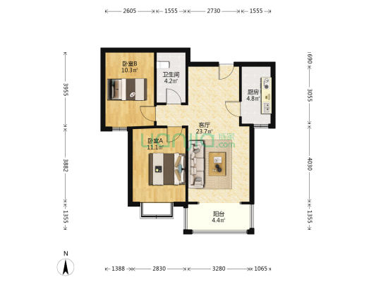 京中美居，开发区户口，南北电梯两居，双语-户型图