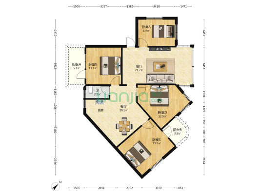 粮洲小区 4室2厅1卫 121平方