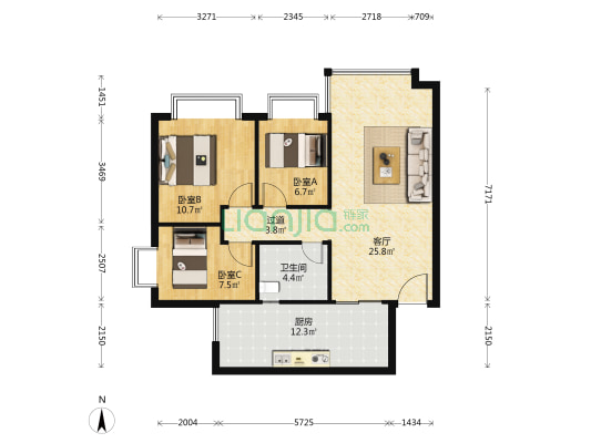 恒大御景天下 3室1厅1卫 93平方