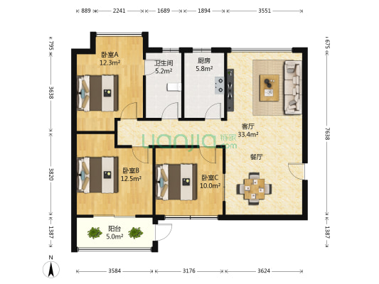 新凯御景湾 3室1厅1卫 97平方
