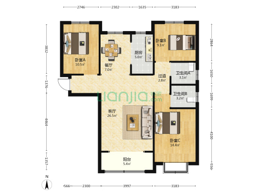万浩繁花郡 3室2厅2卫 126平方