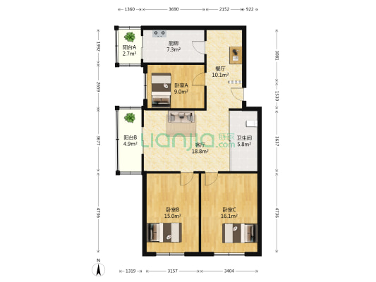 正达小区 3室2厅1卫 119平方