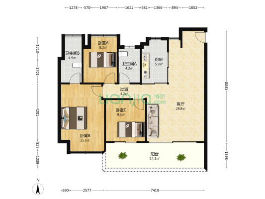 华侨城万科澜岸 3室1厅2卫 114平方