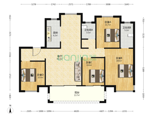 保利颍州堂悦B区 4室1厅2卫 142平方