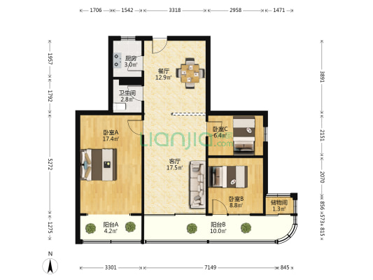 荣生小区 3室2厅1卫 92平方