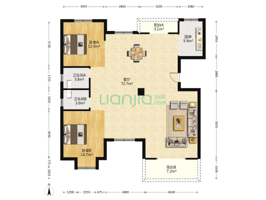 香山湖畔 2室1厅2卫 160平方