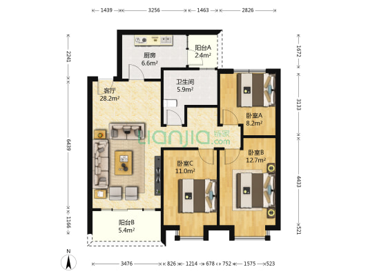 恒大雅苑 3室1厅1卫 111平方