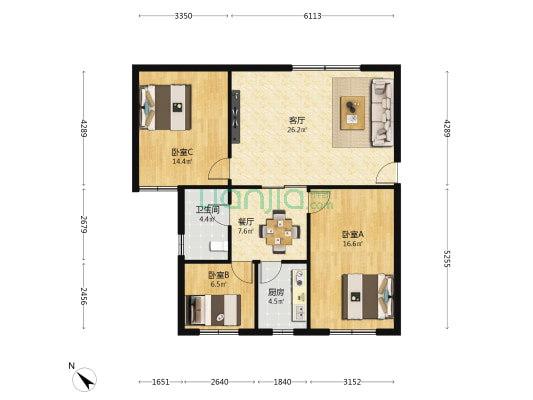 五桥物质宿舍 3室2厅1卫 102平方