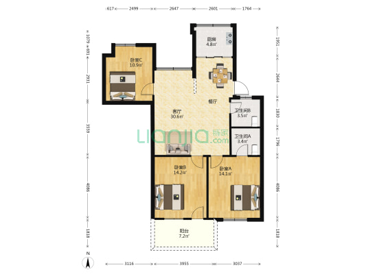 长安新城 3室1厅2卫 105平方