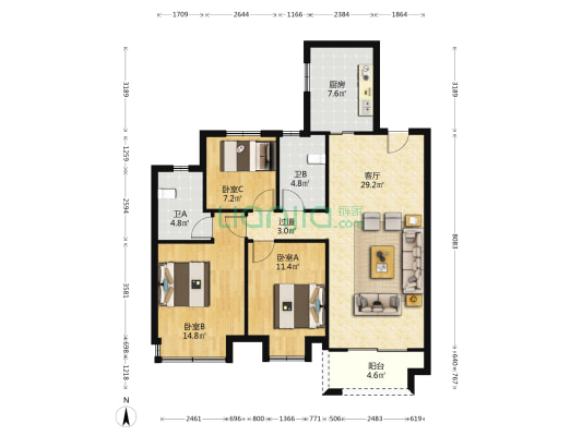 凯迪融创云潮中心 3室1厅2卫 122平方