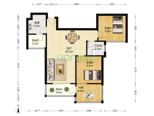 汇东星世界二期 3室1厅1卫 72平方