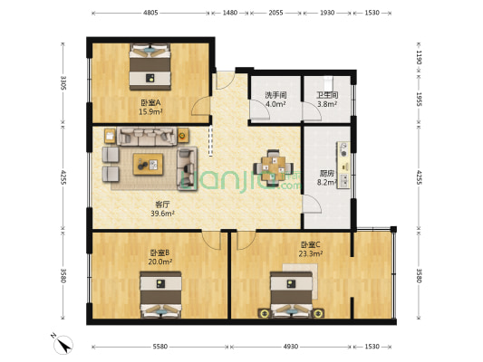 普利小区 3室1厅2卫 124平方