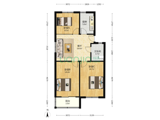 新街北1号楼 3室1厅1卫 86平方