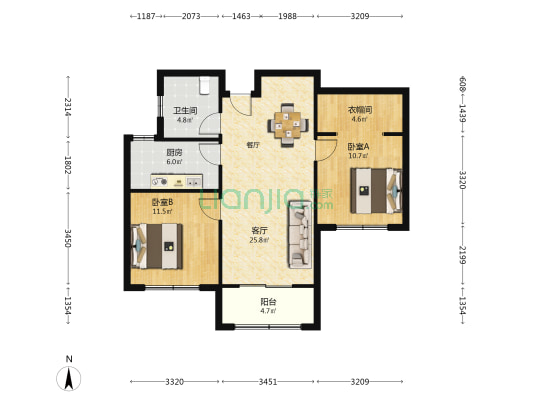 磨店家园同心苑 2室1厅1卫 95平方