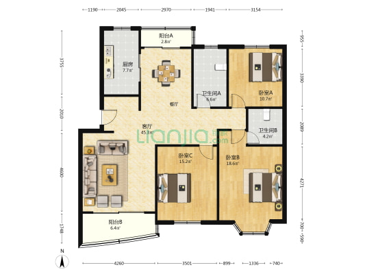 佳运公寓 3室1厅2卫 135平方