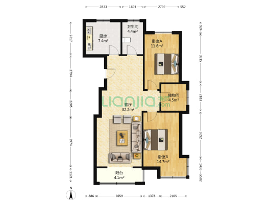 盛世华府鸿园 2室1厅1卫 111平方