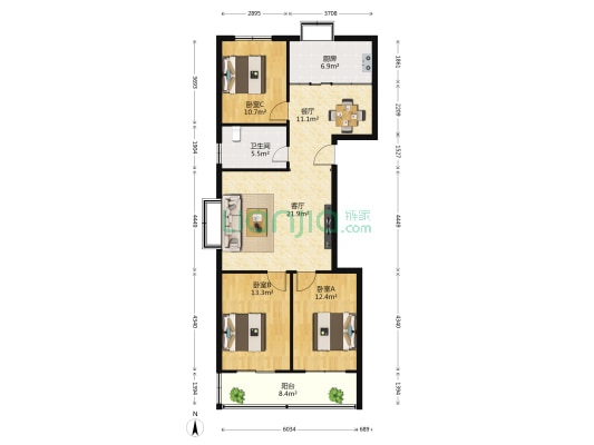 乐府小区 3室2厅1卫 121平方