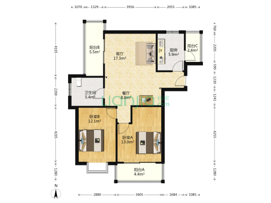 东方明珠国际公寓 2室2厅1卫 98平方