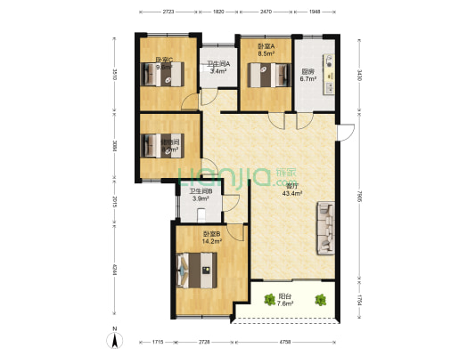 泛华东福城 3室1厅2卫 126平方