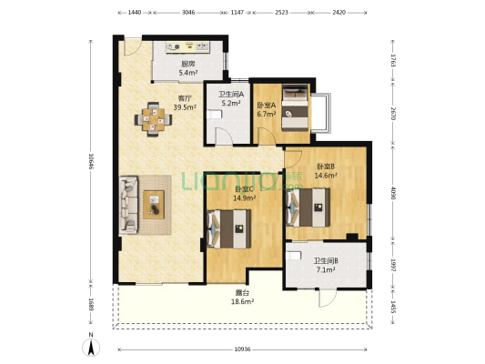 中央花园碧云天 3室1厅2卫 100平方