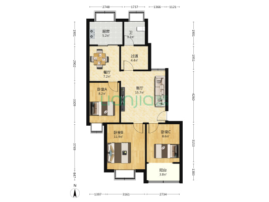 北西六路30号 3室2厅1卫 88平方