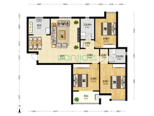 榭丽花园C区 3室1厅2卫 128平方