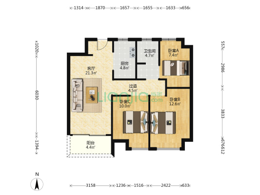 新力玺园 3室1厅1卫 90平方
