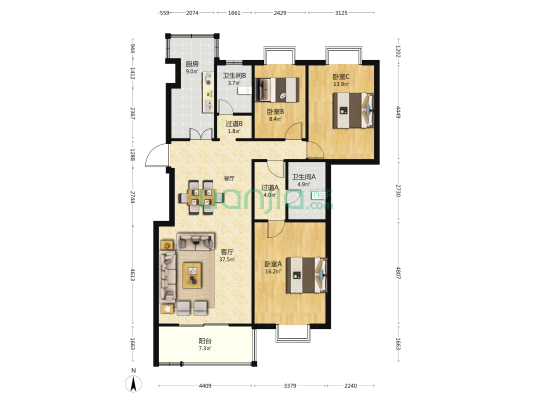 宏图上花园 3室1厅2卫 126平方
