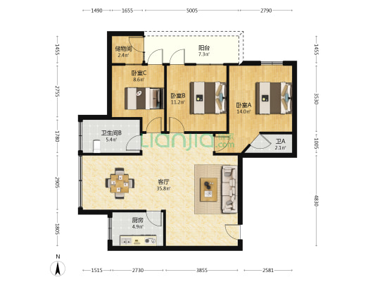 云山大道 3室1厅2卫 101平方