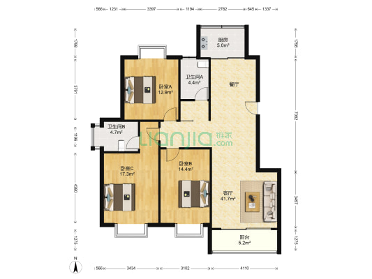 京口美地 3室1厅2卫 136平方