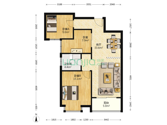 水乡苑一区 3室1厅1卫 97平方