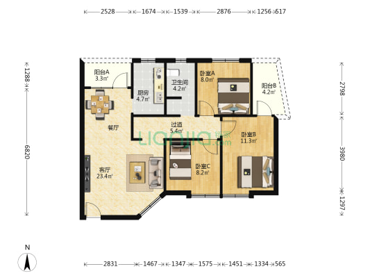 公交宿舍大院 3室1厅1卫 82平方