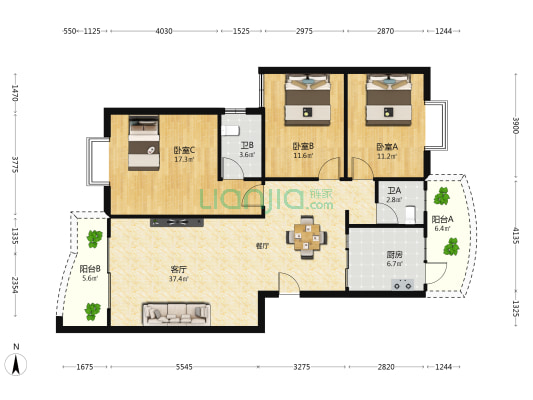 金桃园 3室1厅2卫 121平方