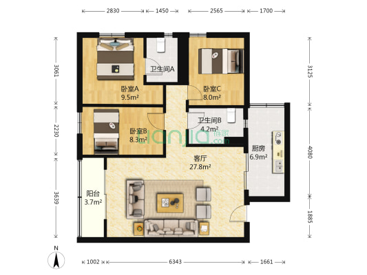 国皇大厦 3室1厅2卫 100平方