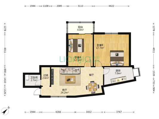 陈家湾元宝山社区 2室1厅1卫 87平方