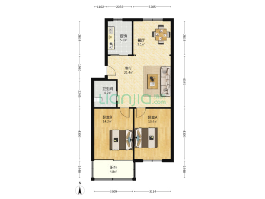 新建中路604弄 2室2厅1卫 90平方