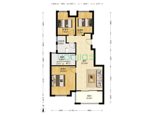 松江颐景园(公寓) 3室1厅1卫 129平方