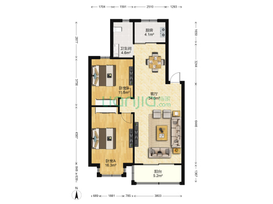 城市溪地 2室1厅1卫 91平方