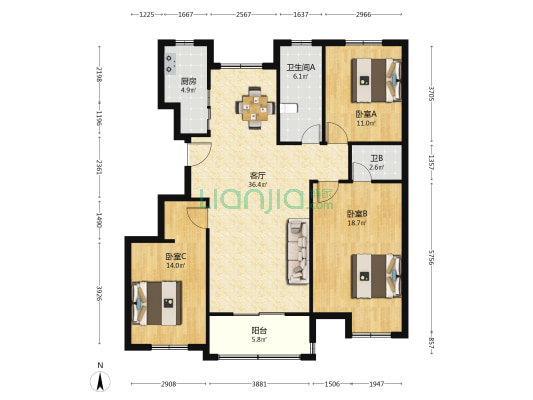 樱花园 3室1厅2卫 124平方