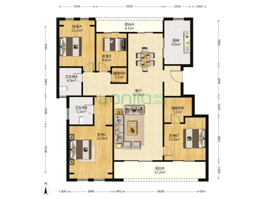 和家园臻园 4室1厅2卫 164平方