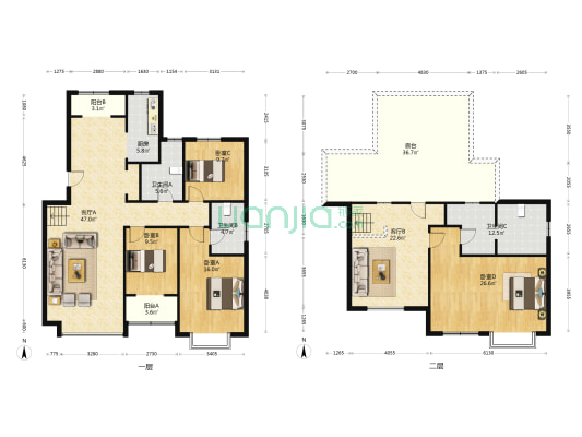 集中供暖，6跃7，上下两层，带露台，有钥匙随时看房-户型图