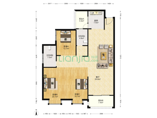 东升花苑 3室1厅2卫 163平方