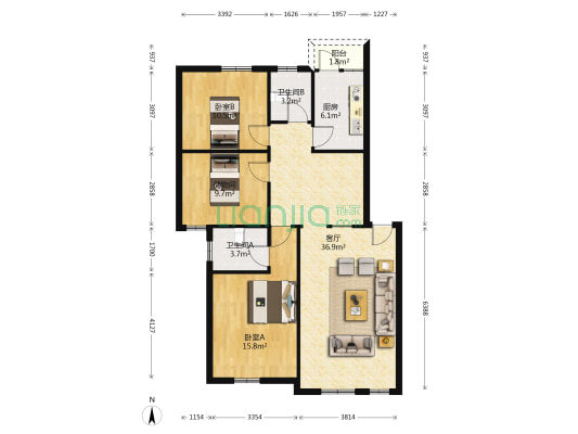 金澳花园 2室1厅2卫 108平方