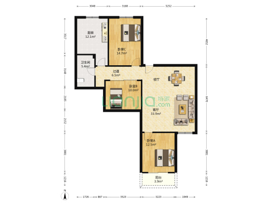 华京花园 3室1厅1卫 117平方
