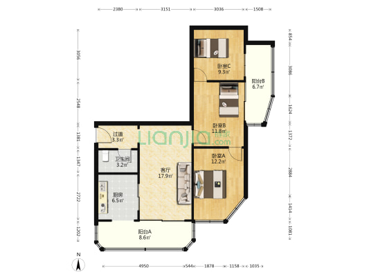延安东路45号 3室1厅1卫 95平方