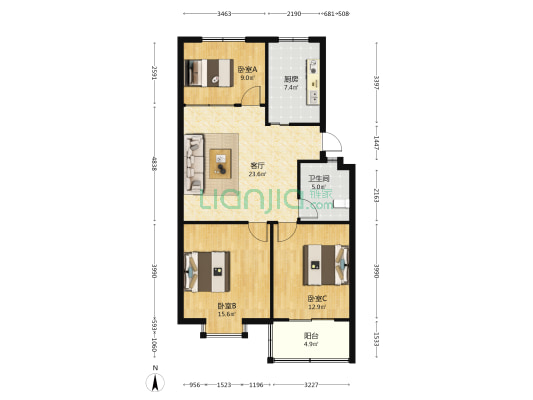 龙凤山庄 3室1厅1卫 95平方