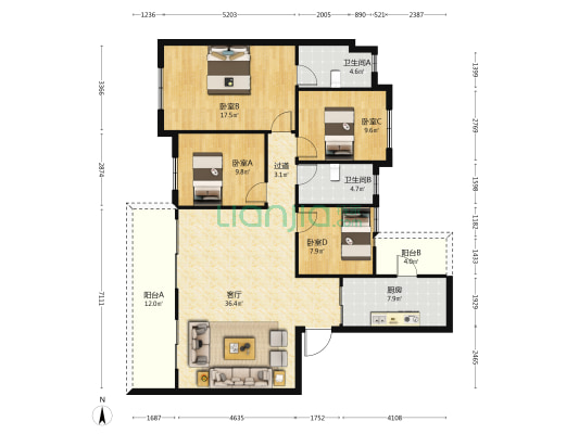邦泰宽语二期 4室1厅2卫 134平方